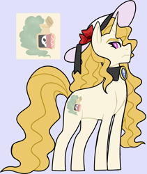 Size: 1194x1414 | Tagged: safe, artist:iesbeans, derpibooru import, oc, oc only, oc:prissy missy, pony, unicorn, blue background, broach, cutie mark, female, hat, mare, offspring, parent:octavia melody, parent:prince blueblood, parents:bluetavia, scowl, simple background, solo