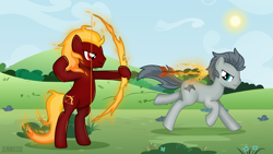 Size: 1200x675 | Tagged: safe, artist:jennieoo, derpibooru import, oc, oc only, oc:blazing arrow, oc:steel mustang, earth pony, pony, arrow, bow, fetch, fire arrow, fire bow, mane of fire, running, solo, vector