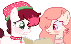 Size: 1276x800 | Tagged: safe, artist:mimimatsu, artist:strawberry-spritz, derpibooru import, oc, oc only, oc:ichigo, oc:spookberry smiles, pony, female, mare, simple background, transparent background