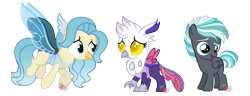 Size: 3403x1313 | Tagged: safe, artist:strawberry-spritz, derpibooru import, oc, oc only, hybrid, original species, pegasus, pony, griffling, interspecies offspring, offspring, parent:coloratura, parent:gilda, parent:pharynx, parent:princess skystar, parent:thorax, parent:thunderlane, simple background, transparent background