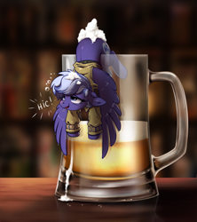 Size: 1329x1500 | Tagged: safe, artist:28gooddays, derpibooru import, oc, oc only, oc:night sky, pegasus, pony, alcohol, beer, beer mug, clothes, coat, commission, cup of pony, drunk, female, foam, hiccups, mare, micro, pegasus oc, solo, straw in mouth, wings, ych result