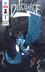 Size: 2100x3300 | Tagged: safe, artist:jodthecod, derpibooru import, oc, oc only, oc:andrew swiftwing, pegasus, city, cityscape, clothes, cloud, comic, comic cover, costume, discharge, electricity, lightning, mask, moon, sky, solo, superhero, thunder