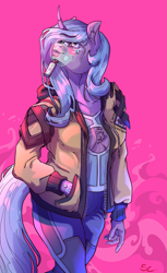 Size: 3189x5197 | Tagged: safe, artist:sourcherry, derpibooru import, idw, radiant hope, anthro, unicorn, boob window, chest fluff, clothes, curly hair, curly mane, cyberpunk, mask, solo