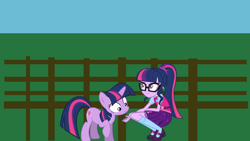 Size: 1920x1080 | Tagged: safe, artist:colonboy234, derpibooru import, sci-twi, twilight sparkle, unicorn twilight, pony, unicorn, equestria girls, horses doing horse things, human ponidox, kneeling, self ponidox, vectors used