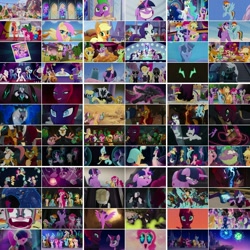 Size: 1080x1080 | Tagged: safe, artist:jericollage70, derpibooru import, edit, edited screencap, screencap, applejack, capper dapperpaws, captain celaeno, fluttershy, grubber, pinkie pie, princess cadance, princess celestia, princess luna, princess skystar, queen novo, rainbow dash, rarity, songbird serenade, spike, storm king, tempest shadow, twilight sparkle, twilight sparkle (alicorn), alicorn, bear, seapony (g4), ursa, ursa minor, my little pony: the movie, angry, canterlot, crying, grin, i'm the friend you need, mane six, one small thing, open up your eyes, rainbow (song), smiling, staff, staff of sacanas, starry eyes, storm king's emblem, time to be awesome, we got this together, wingding eyes