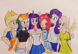 Size: 540x379 | Tagged: safe, artist:lunaart, derpibooru import, applejack, fluttershy, pinkie pie, rainbow dash, rarity, twilight sparkle, twilight sparkle (alicorn), alicorn, human, belly button, clothes, eyes closed, horn, horned humanization, hug, humanized, mane six, midriff, multicolored hair, one eye closed, tanktop, traditional art, winged humanization, wings, wink