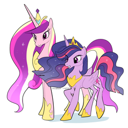 Size: 2000x2000 | Tagged: safe, artist:haden-2375, derpibooru import, princess cadance, princess twilight 2.0, twilight sparkle, twilight sparkle (alicorn), alicorn, pony, the last problem, comparison, crown, duo, duo female, female, height difference, high res, hoof shoes, jewelry, older, older princess cadance, older twilight, regalia, simple background, sisters-in-law, white background