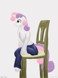 Size: 1800x2400 | Tagged: safe, artist:rockhoppr3, derpibooru import, sweetie belle, anthro, semi-anthro, unguligrade anthro, unicorn, arm hooves, chair, chest fluff, clothes, floppy ears, pajamas, pants, partial nudity, shoulder fluff, solo, topless, unshorn fetlocks