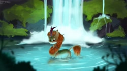 Size: 3000x1688 | Tagged: safe, artist:enderselyatdark, derpibooru import, autumn blaze, kirin, pony, cute, eyes closed, female, outdoors, pond, smiling, solo, water, waterfall