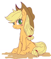 Size: 900x1039 | Tagged: safe, artist:nota_mano, derpibooru import, applejack, earth pony, pony, chest fluff, female, mare, no pupils, simple background, sitting, solo, white background