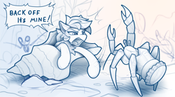 Size: 2000x1113 | Tagged: safe, artist:yakovlev-vad, derpibooru import, oc, pony, angry, hermit crab, micro, seashell, tiny, tiny ponies