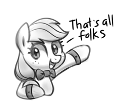 Size: 4000x3508 | Tagged: safe, artist:handgunboi, derpibooru import, applejack, earth pony, pony, bowtie, catchphrase, dialogue, freckles, missing accessory, monochrome, open mouth, porky pig, simple background, white background