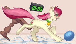 Size: 3000x1740 | Tagged: safe, artist:chibadeer, derpibooru import, roseluck, earth pony, pony, behaving like a cat, collar, cute, female, fluffy, mare, pet tag, pony pet, rosepet, running, solo, yarn, yarn ball
