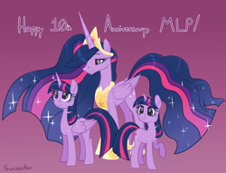 Size: 3908x2980 | Tagged: safe, artist:moonseeker, derpibooru import, princess twilight 2.0, twilight sparkle, twilight sparkle (alicorn), unicorn twilight, alicorn, pony, unicorn, the last problem, 10, crown, gradient background, jewelry, mlp fim's tenth anniversary, older, older twilight, peytral, regalia, self ponidox, time paradox, triality