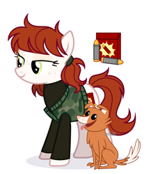 Size: 2000x2300 | Tagged: safe, artist:deko4ka, derpibooru import, oc, oc only, oc:open season, oc:valance (dog), dog, earth pony, pony, clothes, female, freckles, hunter, jacket, mare, open mouth, simple background, solo, sweater, tongue out, white background