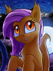 Size: 1124x1499 | Tagged: safe, artist:tsitra360, fluttershy, bat pony, pony, bat ponified, cute, cute little fangs, fangs, female, flutterbat, full moon, moon, race swap, smiling, solo