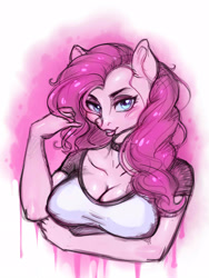 Size: 1200x1600 | Tagged: safe, artist:noupie, derpibooru import, pinkie pie, anthro, earth pony, abstract background, arm under breasts, bedroom eyes, big breasts, blushing, breasts, choker, cleavage, erect nipples, eyelashes, eyeshadow, female, lips, lipstick, makeup, mare, nipple outline, pinkie pies, sexy, stupid sexy pinkie