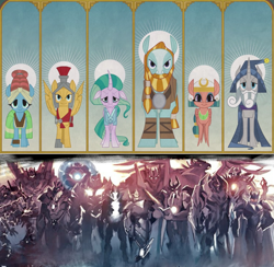 Size: 1023x1000 | Tagged: safe, derpibooru import, edit, edited screencap, screencap, flash magnus, meadowbrook, mistmane, rockhoof, somnambula, star swirl the bearded, earth pony, pegasus, unicorn, alchemist prime, alpha trion, autonomous maximus, comparison, epistemus, flashback, liege maximo, logos prime, male, megatronus prime, micronus prime, nexus prime, onyx prime, pillars of equestria, prima, prime (transformers), solomus, solus prime, the fallen, thirteen primes, transformers, vector prime