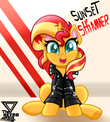 Size: 4000x4443 | Tagged: safe, artist:theretroart88, derpibooru import, sunset shimmer, pony, unicorn, absurd resolution, badass, clothes, cute, female, jacket, leather jacket, looking at you, mare, open mouth, shimmerbetes, sitting, solo, underhoof