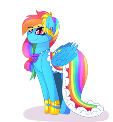 Size: 1836x1989 | Tagged: safe, artist:aaa-its-spook, derpibooru import, rainbow dash, pegasus, pony, clothes, dress, eyebrows visible through hair, gala dress, simple background, smiling, solo, white background