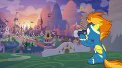 Size: 1920x1080 | Tagged: safe, derpibooru import, screencap, spitfire, pegasus, pony, the last problem, binoculars, clothes, shocked, sunset, uniform, wonderbolts uniform