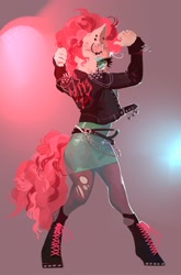 Size: 1426x2160 | Tagged: safe, artist:yanisfucker, derpibooru import, pinkie pie, anthro, unguligrade anthro, abstract background, clothes, ear piercing, earring, female, jacket, jewelry, leggings, looking at you, piercing, punk, shoes, skirt, solo, torn clothes