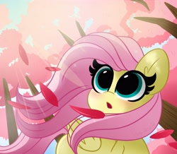 Size: 4096x3578 | Tagged: safe, artist:kittyrosie, derpibooru import, fluttershy, pegasus, pony, blushing, crepuscular rays, cute, female, flower, folded wings, leaves, looking at something, mare, open mouth, raised hoof, shyabetes, solo, sunlight, tree, windswept mane, wings