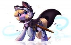 Size: 1623x1024 | Tagged: safe, artist:colorfulcolor233, derpibooru import, oc, oc only, oc:random cloak, pony, unicorn, claymore, cloak, clothes, female, grin, looking at you, mare, reflection, solo, sword, weapon