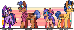 Size: 2481x1032 | Tagged: safe, artist:spudsmcfrenzy, derpibooru import, flash sentry, spearhead, twilight sparkle, twilight sparkle (alicorn), oc, oc:spirit chant, alicorn, pony, unicorn, alternate universe, female, filly, offspring, parent:spearhead, parent:twilight sparkle, simple background, transparent background