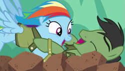 Size: 759x433 | Tagged: safe, derpibooru import, edit, edited screencap, screencap, rainbow dash, anonpony, oc, oc:anon, earth pony, pegasus, pony, stranger than fan fiction, colored, eyes closed, female, happy, laughing, male, mare, rock pit, shipping fuel, stallion, tackle