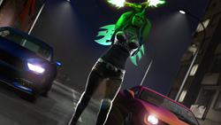 Size: 3840x2160 | Tagged: safe, artist:vladichslg, derpibooru import, king sombra, queen chrysalis, shining armor, anthro, changeling, changeling queen, human, unicorn, 3d, boots, car, chevrolet camaro, clothes, female, fishnets, flare, ford mustang, humanoid, race, sfm pony, shoes, shorts, source filmmaker, top