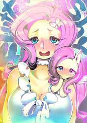 Size: 1280x1810 | Tagged: safe, artist:tsukinoura0817, derpibooru import, fluttershy, pony, equestria girls, anime, blushing, breasts, cleavage, female, heterochromia, hootershy, human ponidox, mare, open mouth, self ponidox, shoulder pony, sweat, sweatdrops, teary eyes