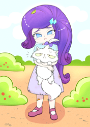 Size: 2508x3541 | Tagged: safe, artist:sigpi, derpibooru import, opalescence, rarity, cat, equestria girls, bandaid, blushing, cute, female, frown, raribetes, sad