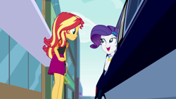 Size: 1920x1080 | Tagged: safe, derpibooru import, screencap, rarity, sunset shimmer, human, better together, driving miss shimmer, equestria girls, limousine, open mouth