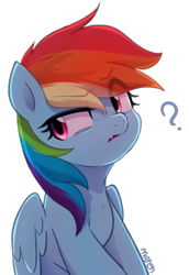 Size: 1623x2363 | Tagged: safe, artist:maren, derpibooru import, rainbow dash, pegasus, pony, cute, cute little fangs, doodle, eye clipping through hair, eyebrows visible through hair, fangs, female, mare, question mark, simple background, sitting, solo, white background