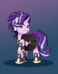 Size: 1100x1400 | Tagged: safe, artist:mew-me, derpibooru import, starlight glimmer, pony, unicorn, alternate hairstyle, clothes, edgelight glimmer, female, gameloft, gameloft interpretation, gradient background, mare, punk, shoes, simple background, skirt, solo