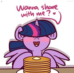 Size: 3250x3200 | Tagged: safe, artist:kimjoman, derpibooru import, twilight sparkle, twilight sparkle (alicorn), alicorn, pony, blushing, bronybait, cute, female, food, happy, heart, i'm pancake, pancakes, simple background, solo, spread wings, talking to viewer, text, twiabetes, white background, wings