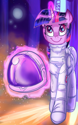 Size: 938x1495 | Tagged: safe, artist:jowyb, derpibooru import, edit, twilight sparkle, twilight sparkle (alicorn), alicorn, pony, astronaut, clothes, cropped, female, helmet, mare, smiling, solo, spacesuit, twijack weekly