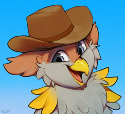 Size: 1112x1012 | Tagged: safe, artist:vensual99, derpibooru import, oc, oc only, griffon, chest fluff, cowboy hat, hat, looking at you, open mouth, smiling, smiling at you