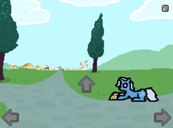 Size: 890x660 | Tagged: safe, artist:pokehidden, derpibooru exclusive, derpibooru import, trixie, pony, unicorn, arrows, banned from equestria daily, game, pixelated, ponyville