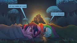 Size: 1920x1081 | Tagged: safe, artist:icychamber, derpibooru import, rainbow dash, twilight sparkle, unicorn twilight, pegasus, pony, unicorn, bored, campfire, forest, forest background, friendship, scenery, sleeping bag, sleepy, text