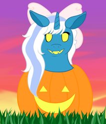 Size: 500x588 | Tagged: safe, artist:ancientcryptid, derpibooru import, oc, oc:fleurbelle, alicorn, alicorn oc, bow, fangs, female, golden eyes, grass, hair bow, horn, mare, pumpkin, wings