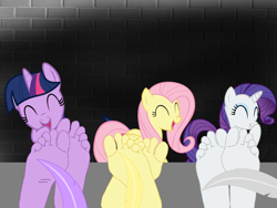 Size: 2048x1536 | Tagged: safe, artist:anthonygoody, derpibooru import, fluttershy, rarity, twilight sparkle, pegasus, pony, unicorn, feather, feet, female, fetish, group, soles, tickling, toes