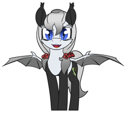 Size: 2700x2400 | Tagged: safe, artist:dacaoo, derpibooru import, oc, oc only, oc:bamboo mistshadow, bat pony, bat pony oc, bat wings, commission, ear fluff, fangs, raised hoof, ribbon, simple background, smiling, solo, transparent background, wings