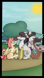 Size: 720x1280 | Tagged: safe, artist:lisaartista365, derpibooru import, oc, oc only, oc:cotton, oc:fang, oc:flowercore, hybrid, pony, blushing, brother and sister, embarrassed, female, interspecies offspring, male, oc x oc, offspring, offspring shipping, parent:big macintosh, parent:discord, parent:fluttershy, parent:princess celestia, parents:dislestia, parents:fluttermac, pushing, shipper on deck, shipping, siblings, sitting