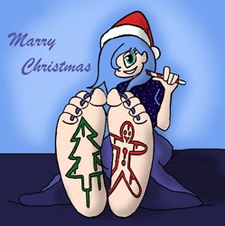 Size: 1280x1285 | Tagged: safe, artist:skullmandan, derpibooru import, princess luna, human, barefoot, christmas, feet, female, fetish, foot fetish, hat, holiday, humanized, looking at you, santa hat, soles, solo, toes