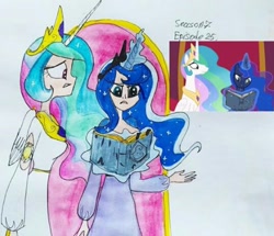 Size: 538x462 | Tagged: safe, artist:lunaart, derpibooru import, screencap, princess celestia, princess luna, alicorn, human, shadow play, alicorn humanization, book, cutie mark on human, horn, horned humanization, humanized, magic, scene interpretation, traditional art, winged humanization, wings