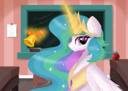 Size: 4092x2893 | Tagged: safe, artist:janelearts, derpibooru import, princess celestia, alicorn, pony, bell, classroom, female, glowing horn, horn, magic, mare, smiling, smiling at you, solo, telekinesis