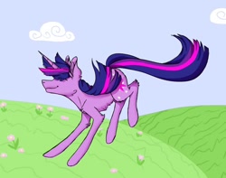 Size: 1080x850 | Tagged: safe, artist:moona_lou, derpibooru import, twilight sparkle, unicorn twilight, pony, unicorn, chest fluff, cloud, dancing, eyes closed, female, grass, jumping, mare, outdoors, smiling, solo