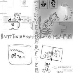 Size: 1357x1357 | Tagged: safe, artist:bastardo-kun, derpibooru import, princess luna, oc, bat pony, bat pony oc, bat wings, colt, desk, drawing, i'm so alone, lamp, male, mlp fim's tenth anniversary, monochrome, school, stallion, toy, wings